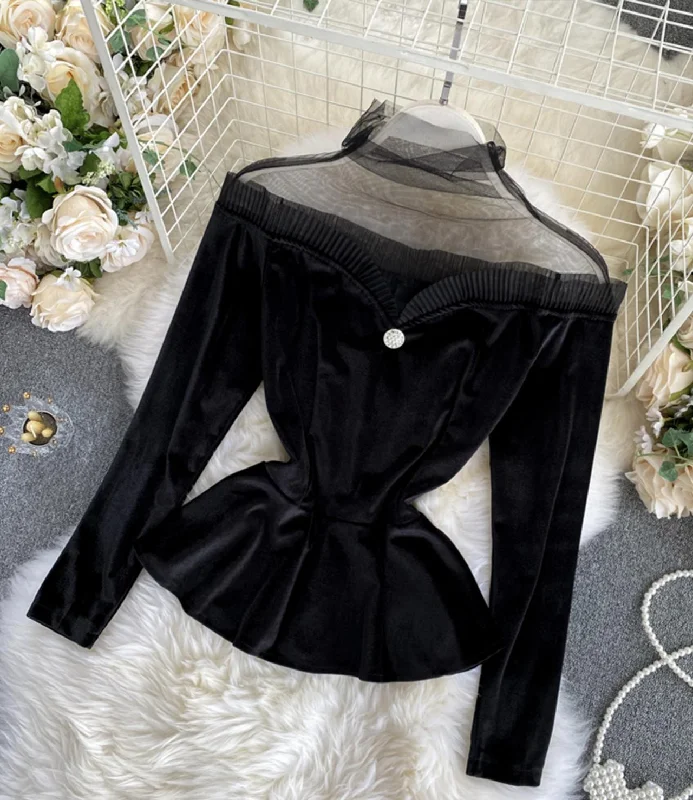Special Price Stylish velvet tops long sleeve see through tops  333