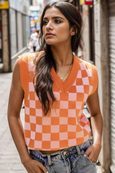 Referral Discount Checkered V-Neck Sweater Vest