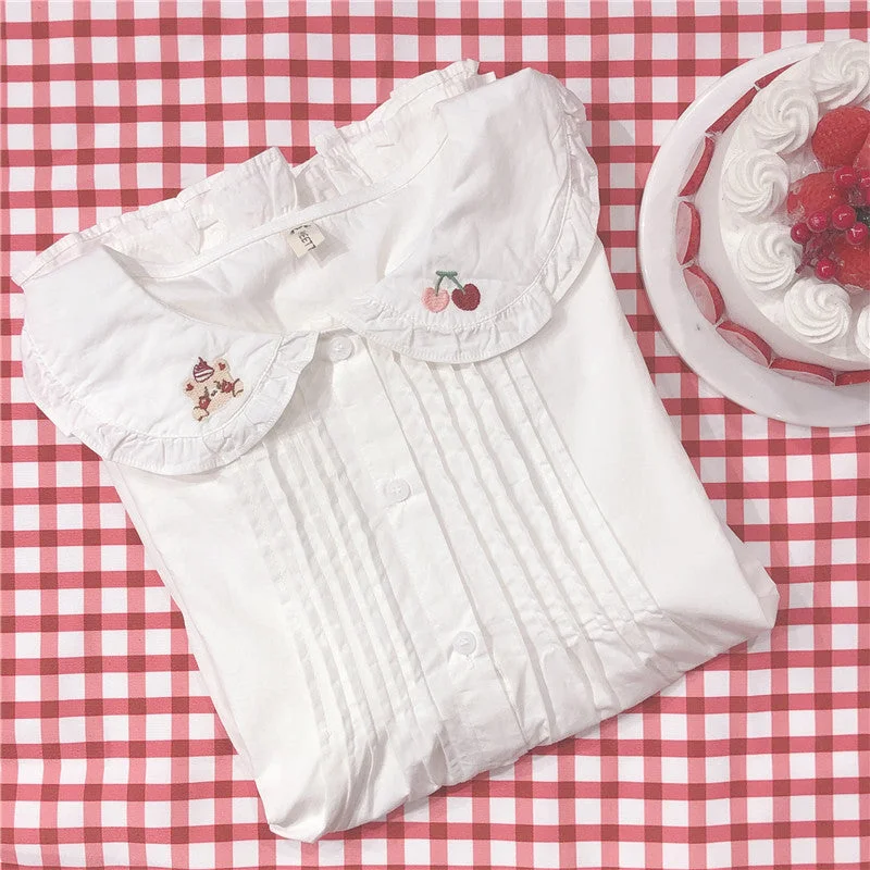 Extra Savings CHERRY BEAR EMBROIDERED LOTUS LEAF LONG SLEEVE SHIRT BY280805