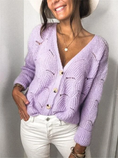 Steals and Deals TastyHottie - Openwork Button Up Long Sleeve Cardigan