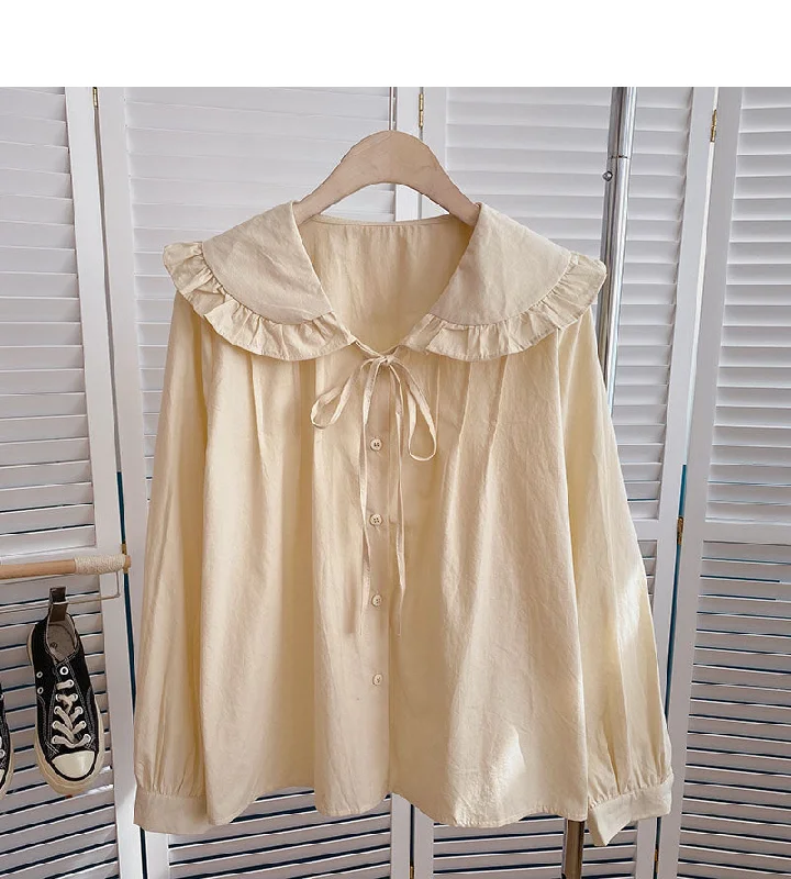 Mega Sale Solid color drawstring doll Neck Shirt Long Sleeve Shirt cardigan  6347