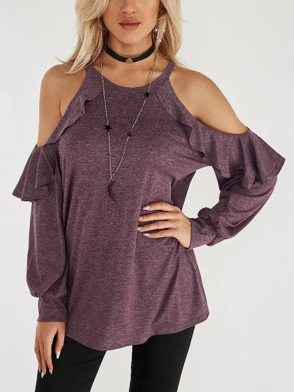 Weekend Offers That Amaze Custom Round Neck Cold Shoulder Plain Hollow Cut Out Long Sleeve Flounced Hem Red T-Shirts