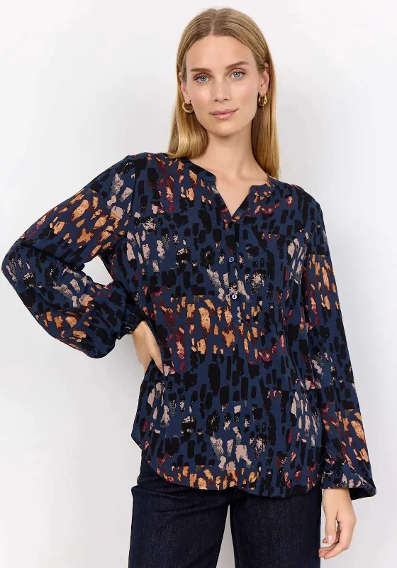 Special Discount Soyaconcept Ima Leopard Half Button Blouse, Navy