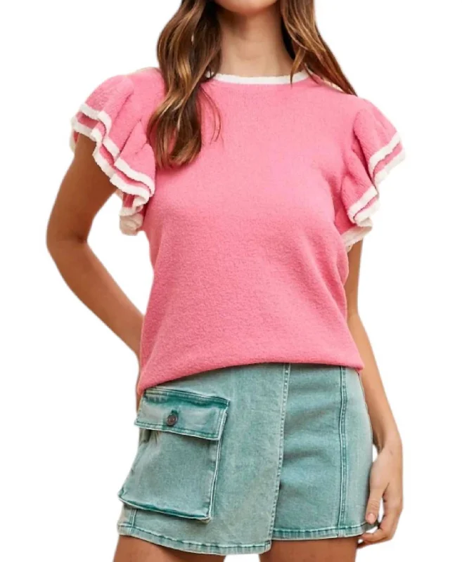 Weekend Savings Bonanza Ruffle Sleeve Sweater Top In Hot Pink