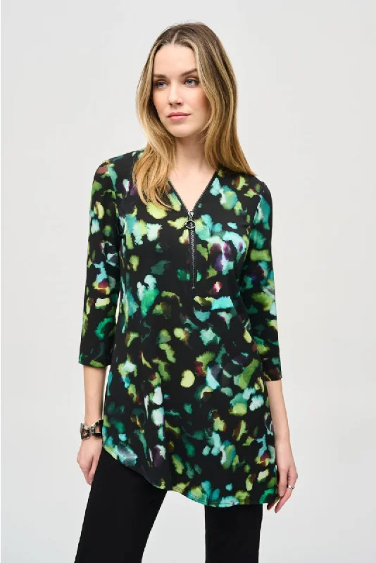 Joseph Ribkoff Black/Multi Watercolor Abstract Print 3/4 Sleeve Asymmetric Top 243134