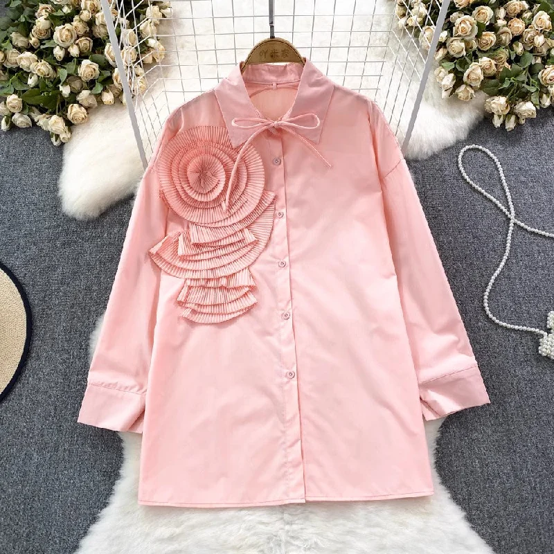 floral long-sleeved solid color shirt casual top     S4117