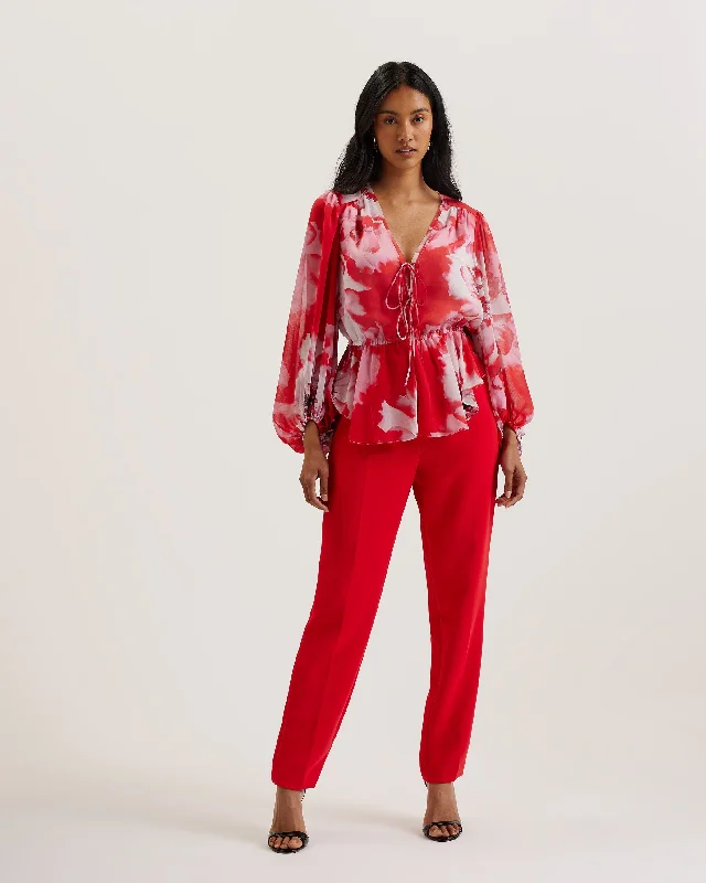 Aleria Printed Tie Front Balloon Sleeve Blouse Red