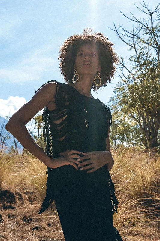 Daily Deals Black Bohemian Top with Tassels Sides