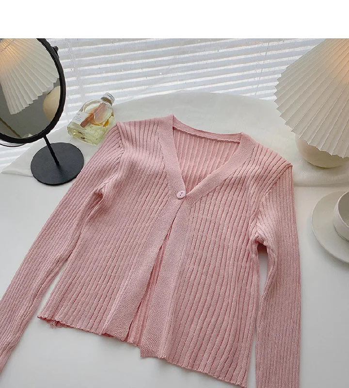 Weekend Offers That Excite Candy V-neck one button cardigan versatile long sleeve short top 6534 Weekend Offers That Excite Candy V-neck one button cardigan versatile long sleeve short top 6534