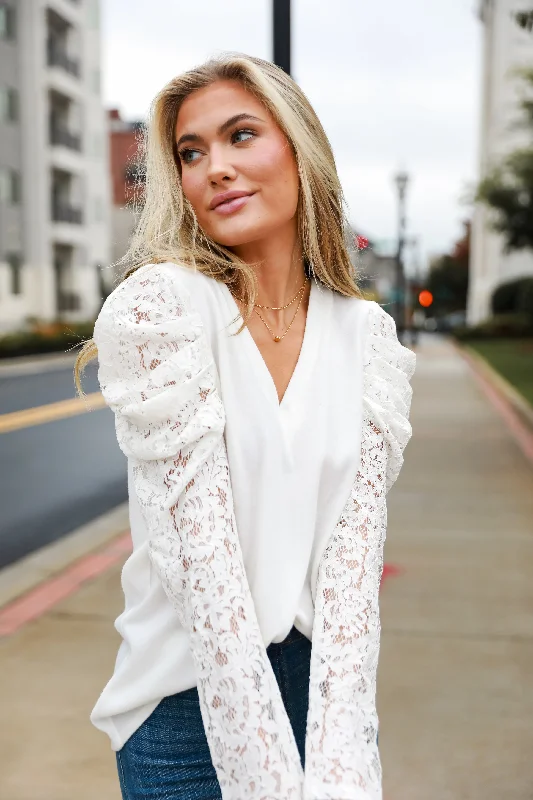Amazing Deals FINAL SALE - Effortless Flirt Off White Lace Sleeve Brushed Knit Top