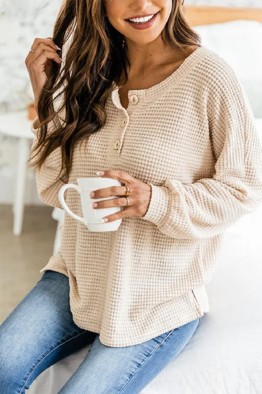 Exclusive Savings Slit Waffle Knit Long Sleeve T-Shirt