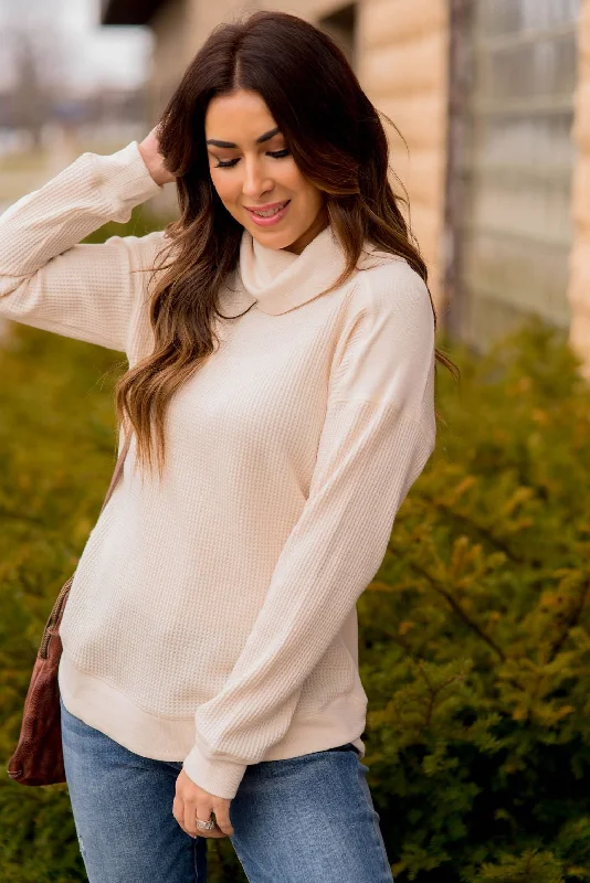 Epic Deals Waffled Solid Accented Cowl Neck Sweatshirt