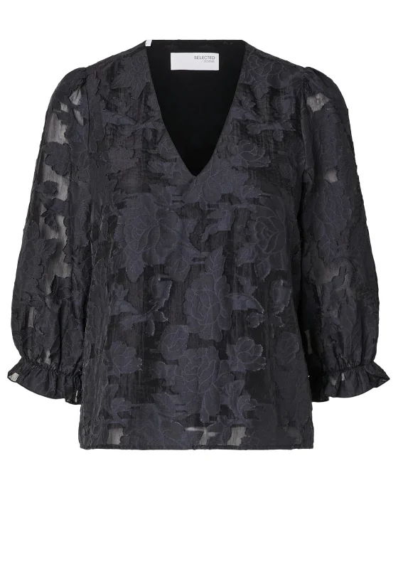 Shop and Save Selected Femme Cathi Floral Embossed Blouse, Dark Sapphire
