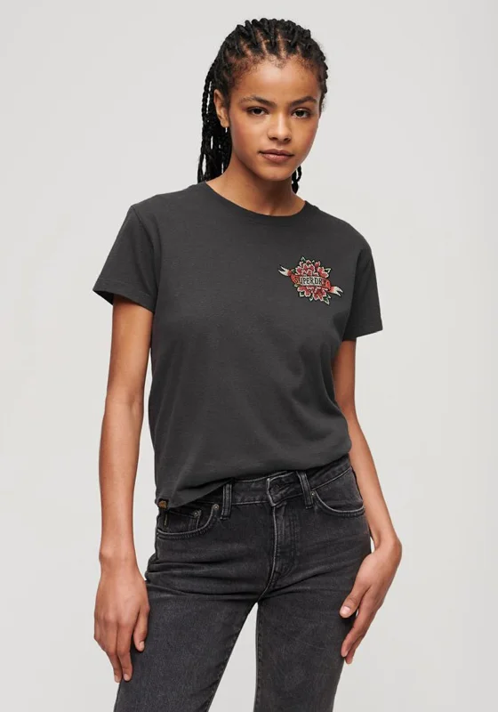 Discount Extravaganza Superdry Womens Tattoo Rhinestone Fitted T-Shirt, Charcoal
