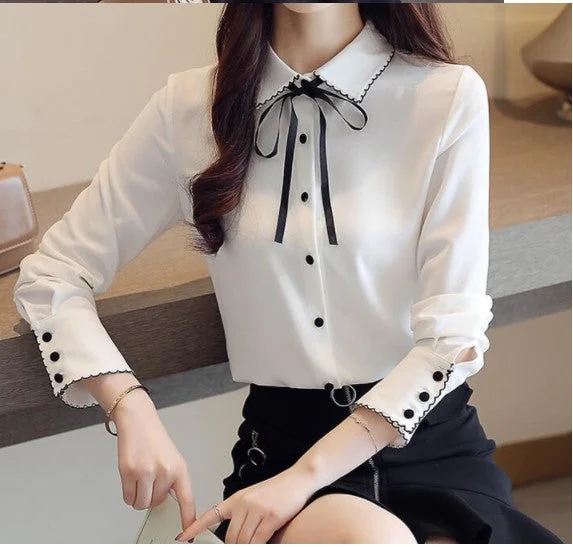 Cute Bow Knot White Long Sleeve Chiffon Blouse       S546