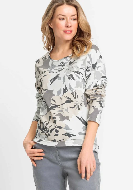 Weekend Shopping Extravaganza Olsen Edda Floral Embellished Top, Grey