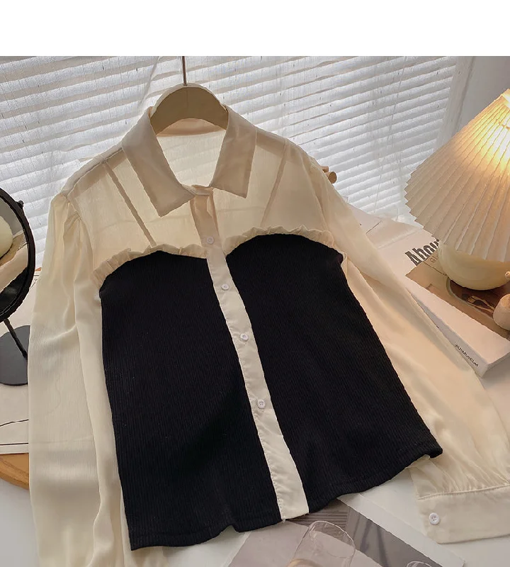Reduced Prices Fungus edge contrast long sleeve splicing shirt  6388