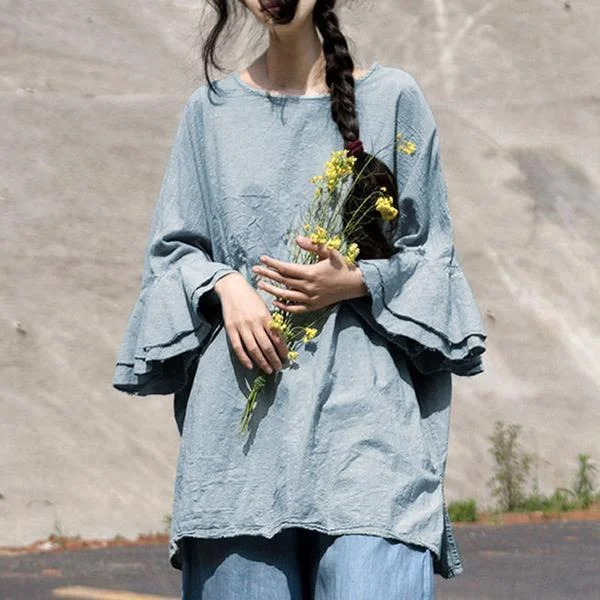 Savings Event Women Cotton Flax Ruffle Sleeve Loose Light Blue Tops