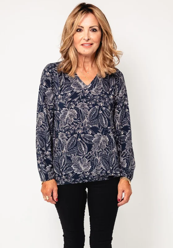 Weekend Discounts to Grab Fransa Kiki Leaf Print V Neck Top, Navy