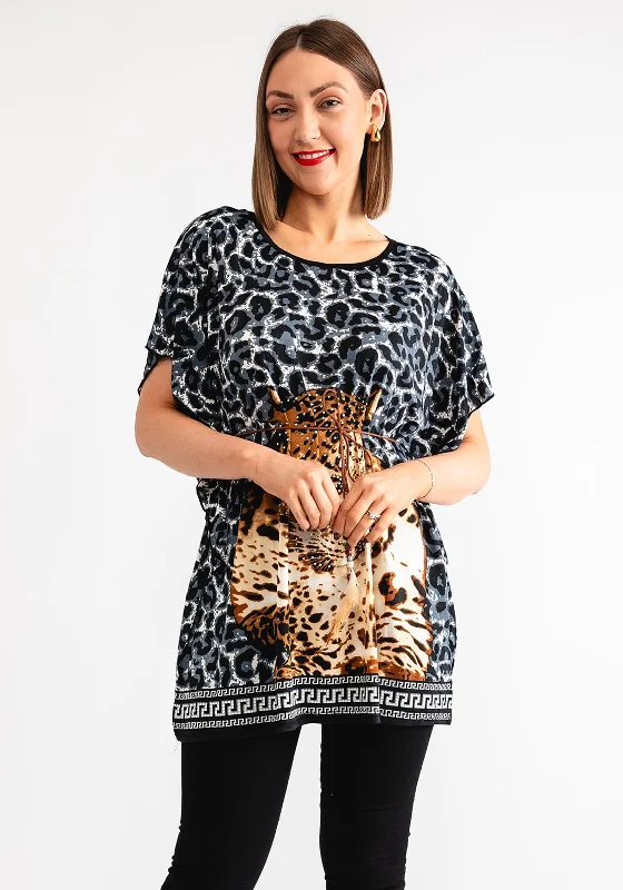 Deep Savings Serafina Collection Leopard Print Embellished T Shirt, Grey
