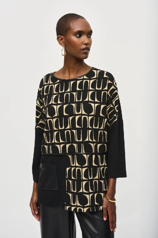 Friends and Family Sale Joseph Ribkoff Black/Ecru Geometric Print Faux Leather Trim Top 243231