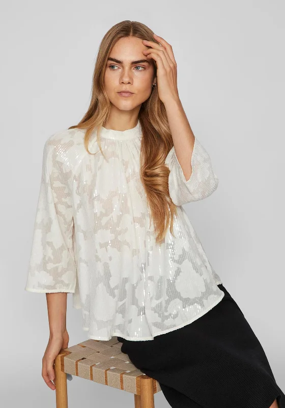 New Markdowns Vila Mika Floral Sequin Flowy Blouse, Cloud Dancer