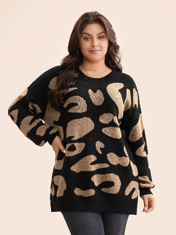 Extra Savings Leopard Print Drop Shoulder Sleeve Pullover
