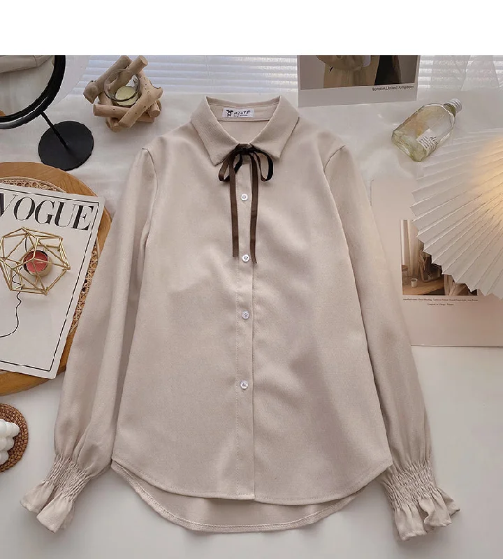 Value Deals Collegiate lace up Lapel shirt casual long sleeve top  6356