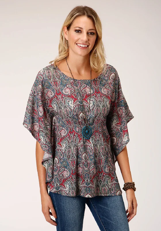 Hurry In Roper Womens Sage Rayon/Nylon Paisley Print S/S Blouse
