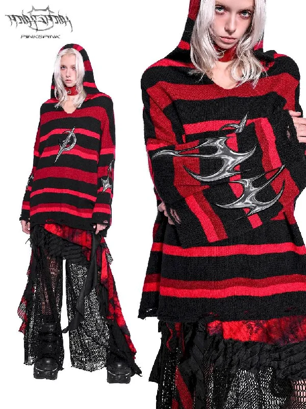 Amazing Value Striped V-Neck Hooded Sweater【s0000011011】