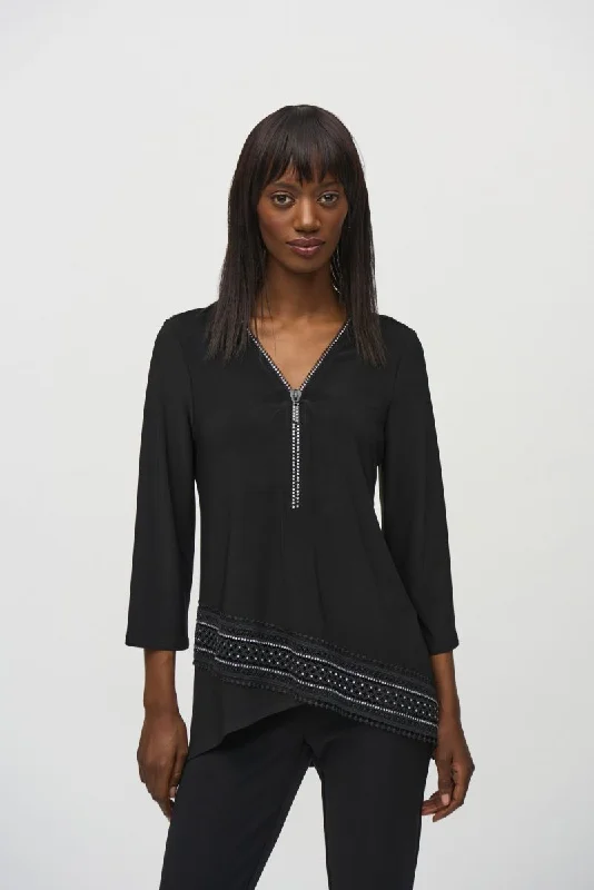Fantastic Deals Joseph Ribkoff Embellished Zip V-Neck High-Low Tunic Top 244026