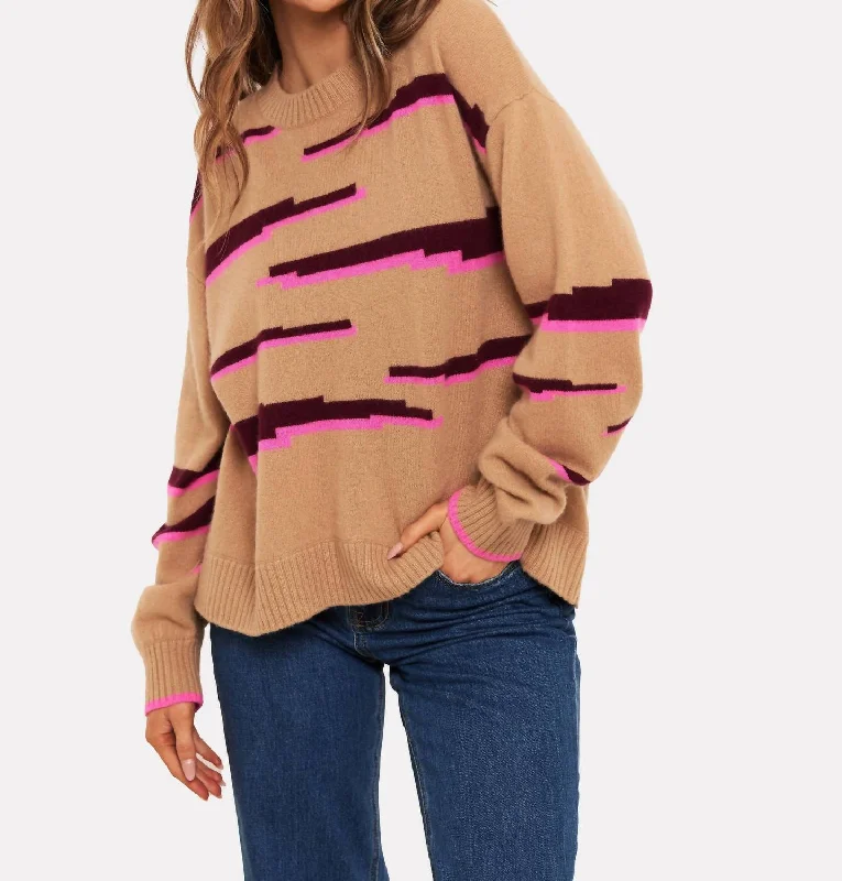 Clearance Event Glitch Zebra V Neck Sweater In Camel/sangria/diva Pink