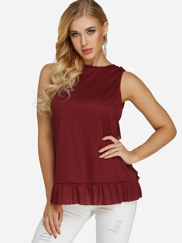 Low Price Custom Crew Neck Plain Lace Sleeveless Ruffle Hem Tank Top