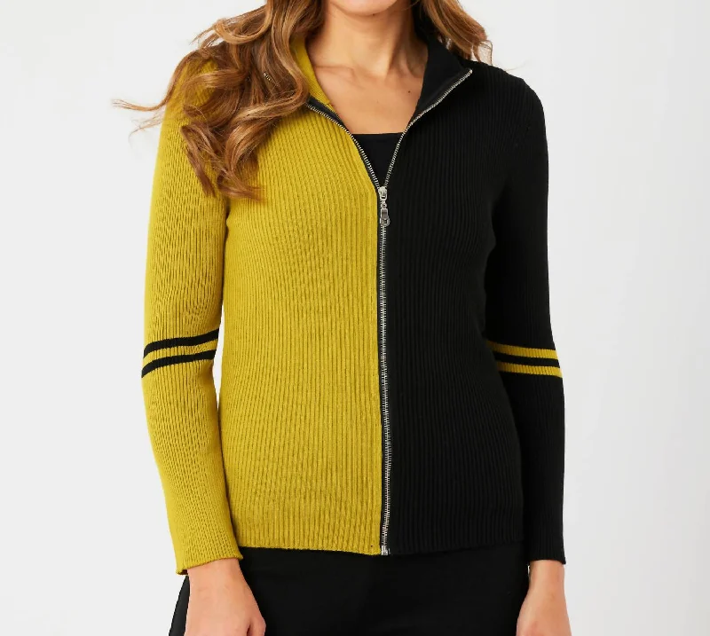 Steal Deal Two Tone Ribbed Zip Up Cardigan In Black/mustard