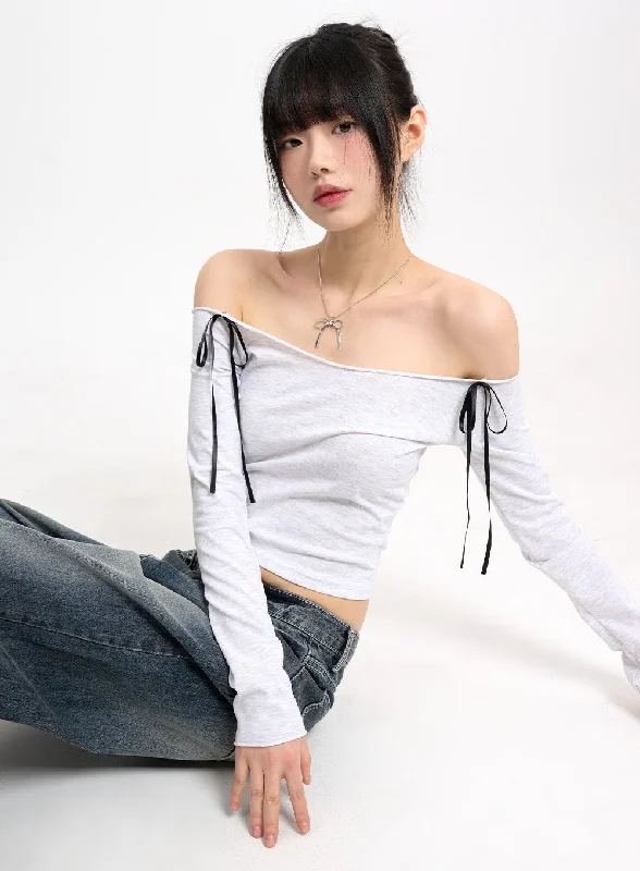 Shop and Save Bowknot Cotton Off Shoulder Long Sleeve CM415