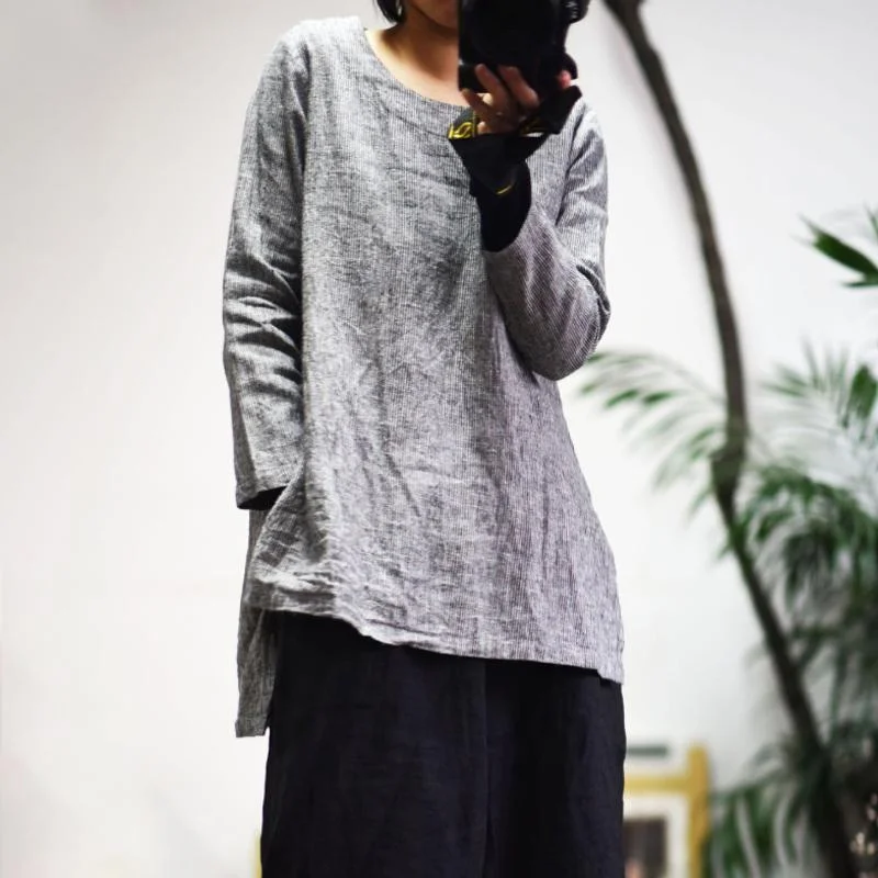 Bargain Blast Stripe Round Neck Irregular Hem Slit Shirt