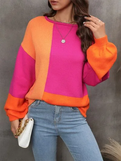 Sneak Peek Sale Color Block Round Neck Sweater