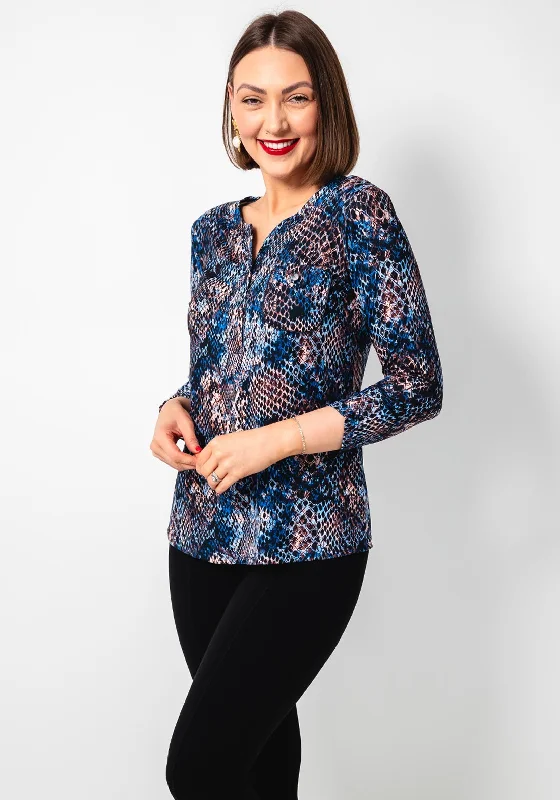 Closeout Leon Collection Snake Print Button up Top, Blue