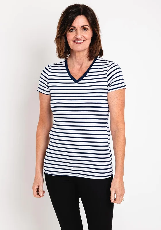 The Best Deal Serafina Collection Striped V Neck T-Shirt, White & Navy