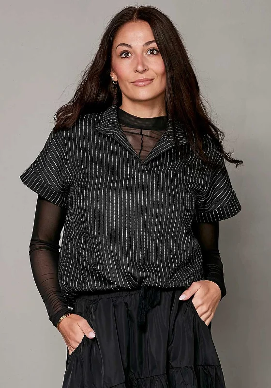 Huge Savings Nu Denmark Button Neck Pinstripe Blouse, Charcoal Grey