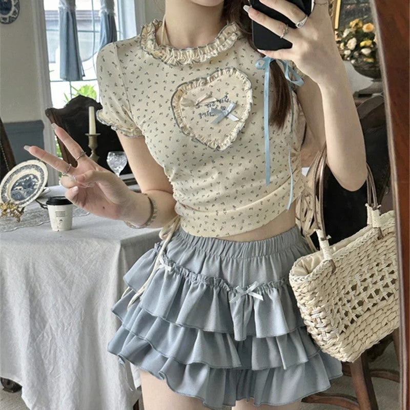 Extra Savings Love short-sleeved T-shirt + bowknot blue cake skirt PL53377