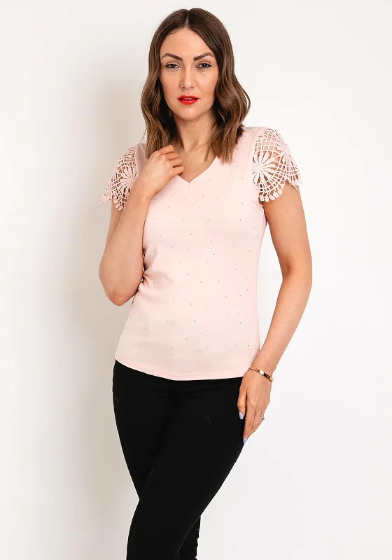 Fantastic Savings Serafina Collection Rhinestone Crochet Sleeve Top, Pink