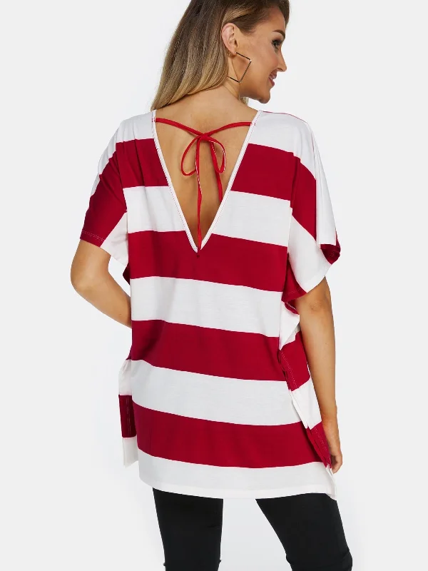 Take Advantage Custom V-Neck Stripe Backless Lace-Up Short Sleeve Red T-Shirts