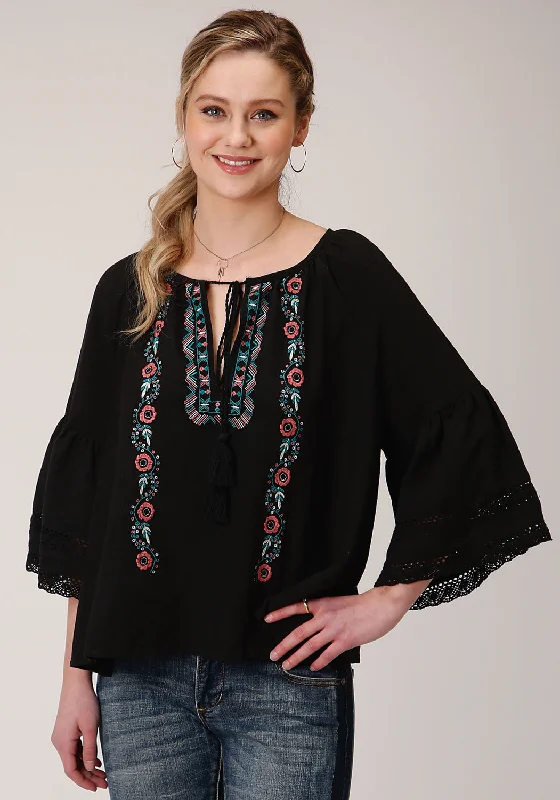 Weekend Specials to Relish Roper Womens Black 100% Cotton Peasant 3/4 Sleeve Blouse
