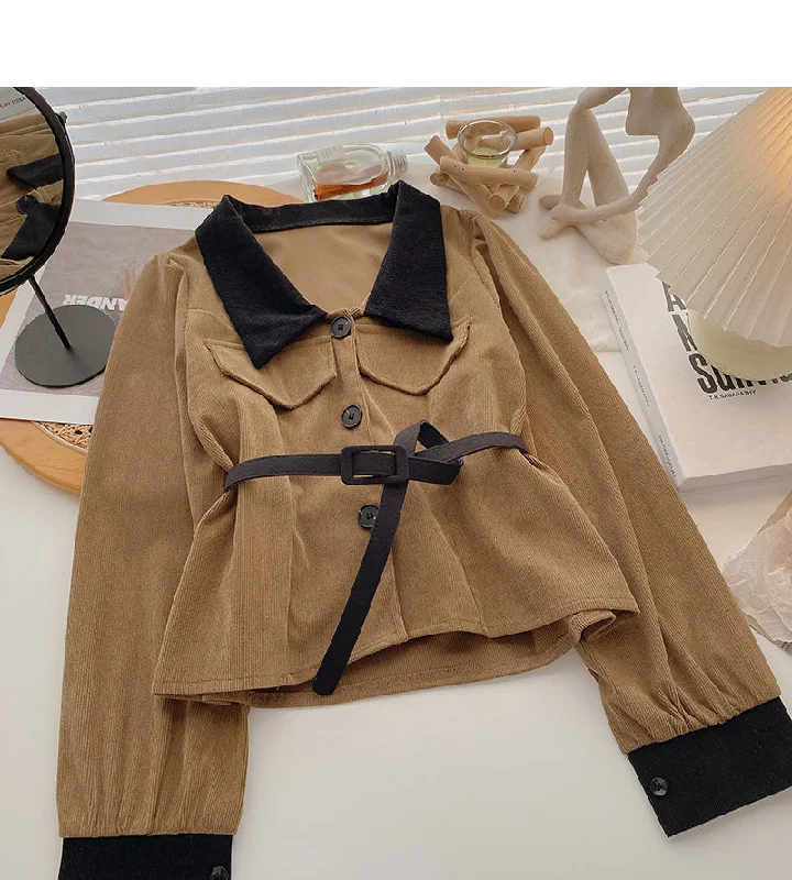 Weekend Deals to Brighten Your Day Vintage color matching Lapel long sleeve slim shirt with belt  6364