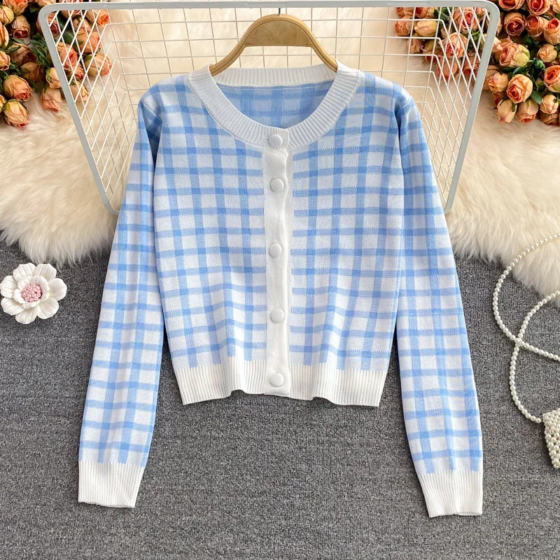 Limited Time Offer Cute Plaid Long Sleeve Cardigan Sweater  141