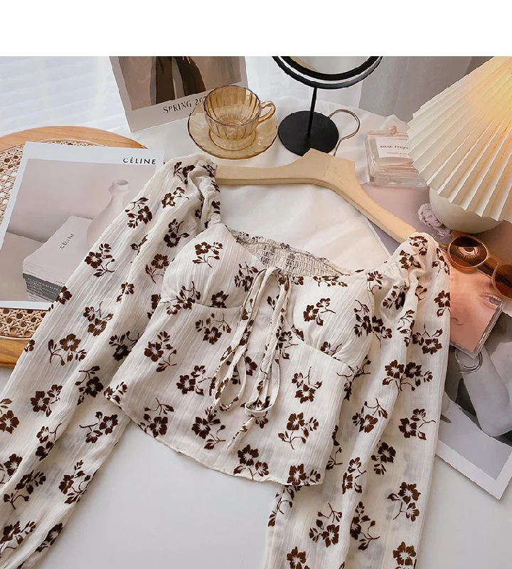 Super Sale Design sense floral shirt square neck lace up long sleeve top  6436