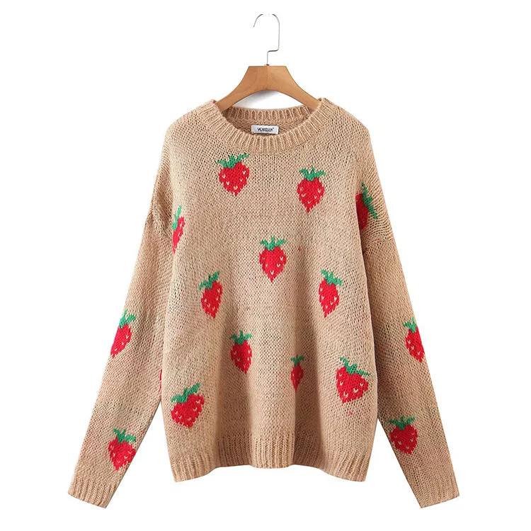 Weekend Deal Strawberry jacquard mohair sweater loose round neck top  7743