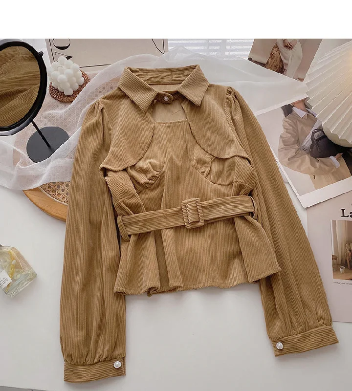 Reduced Prices Careful machine cut-out stitched long sleeve top with belt  6352