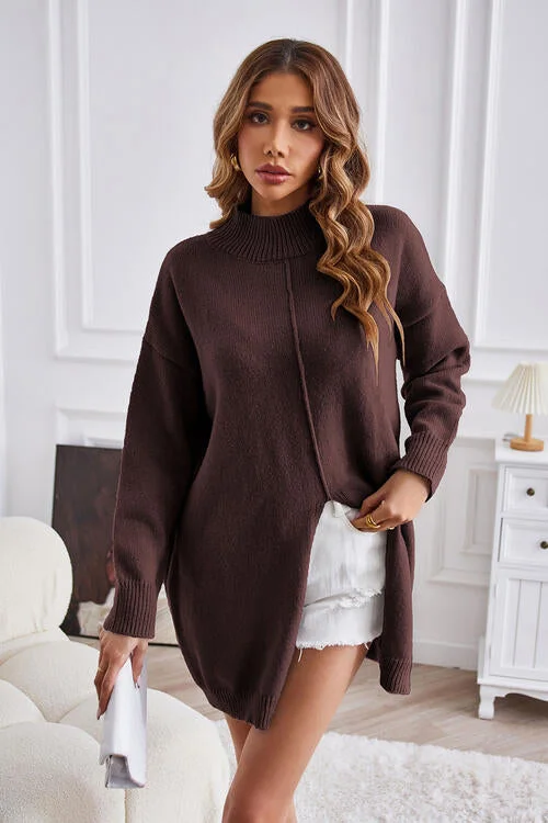 Weekend Bargains Galore TastyHottie - Exposed Seam Mock Neck Slit Sweater